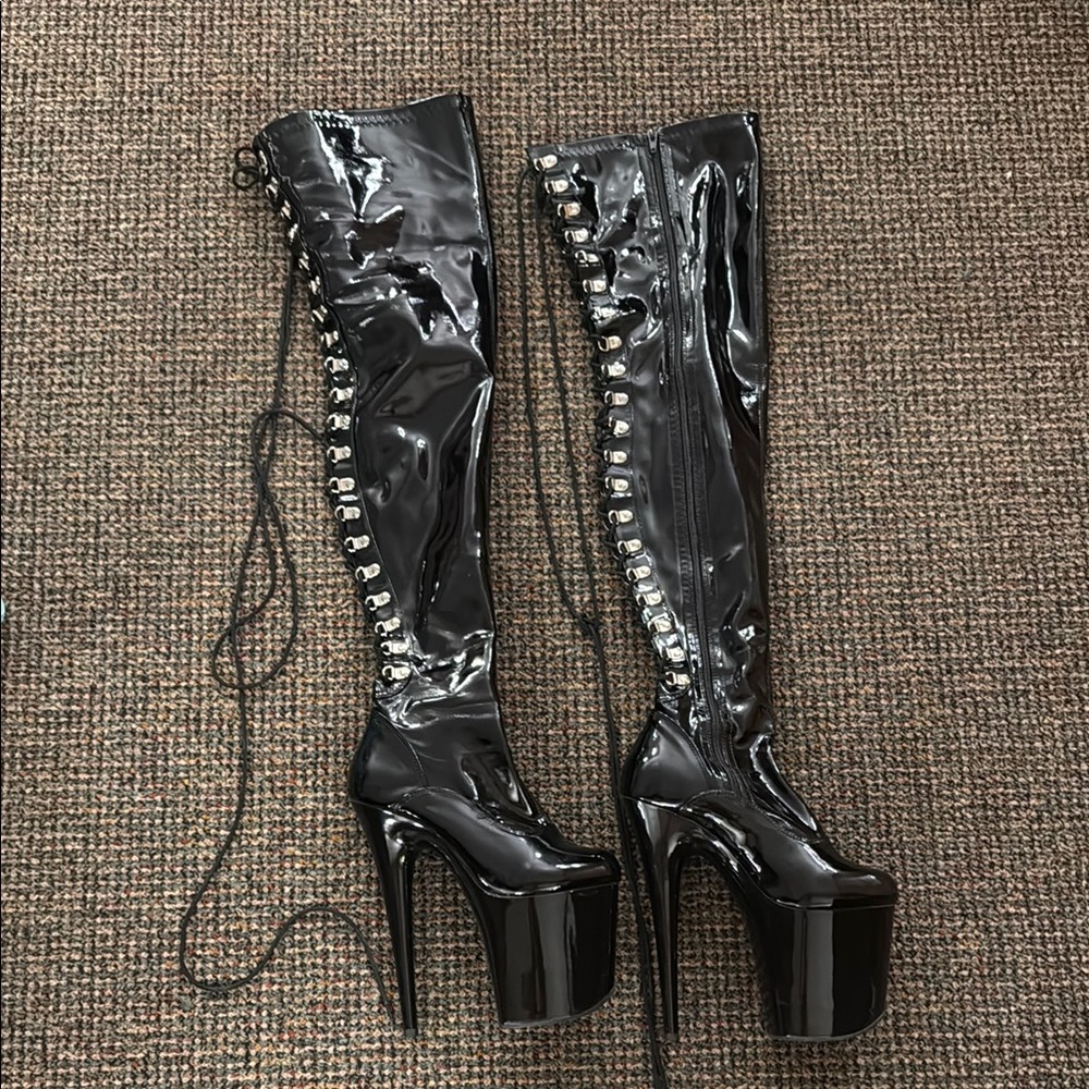 Black Patent Leather Platform Thigh-High Boots